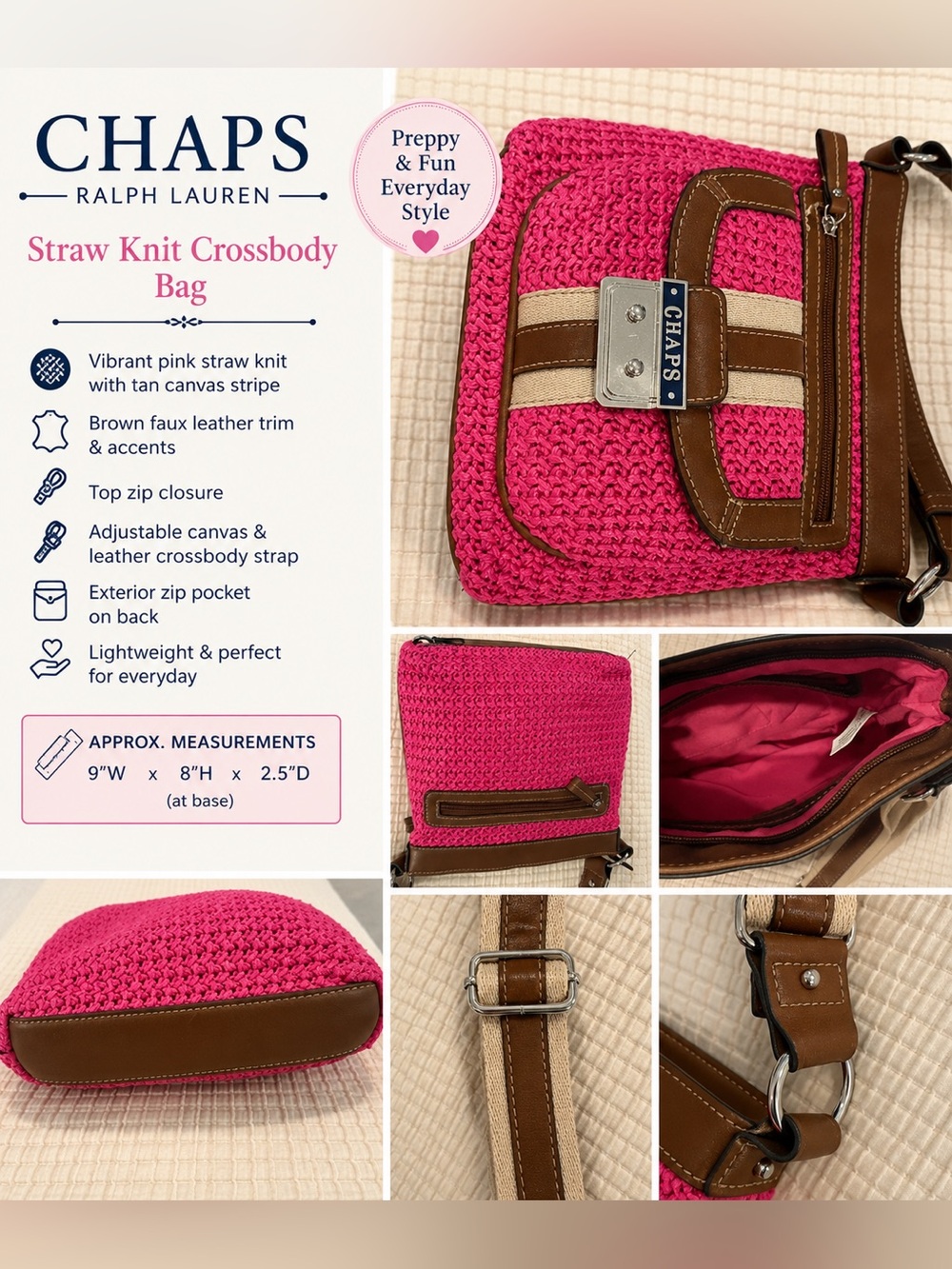 CHAPS Pink Straw Crossbody Bag | Brown Faux Leather Trim | EUC